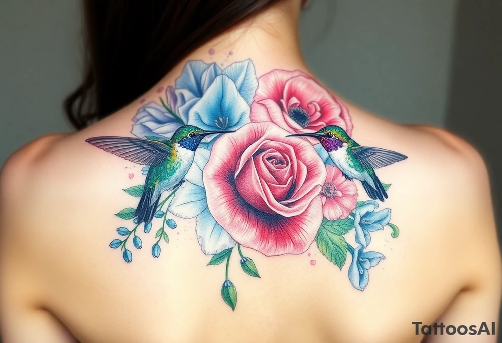 Bouquet of flowers with watercolors carnation, rose, Lily of the valley, delphinium with stems Starting upper middle back to right shoulder With  2 humming bird feeding on carnation and rose.  Soft tones tattoo idea