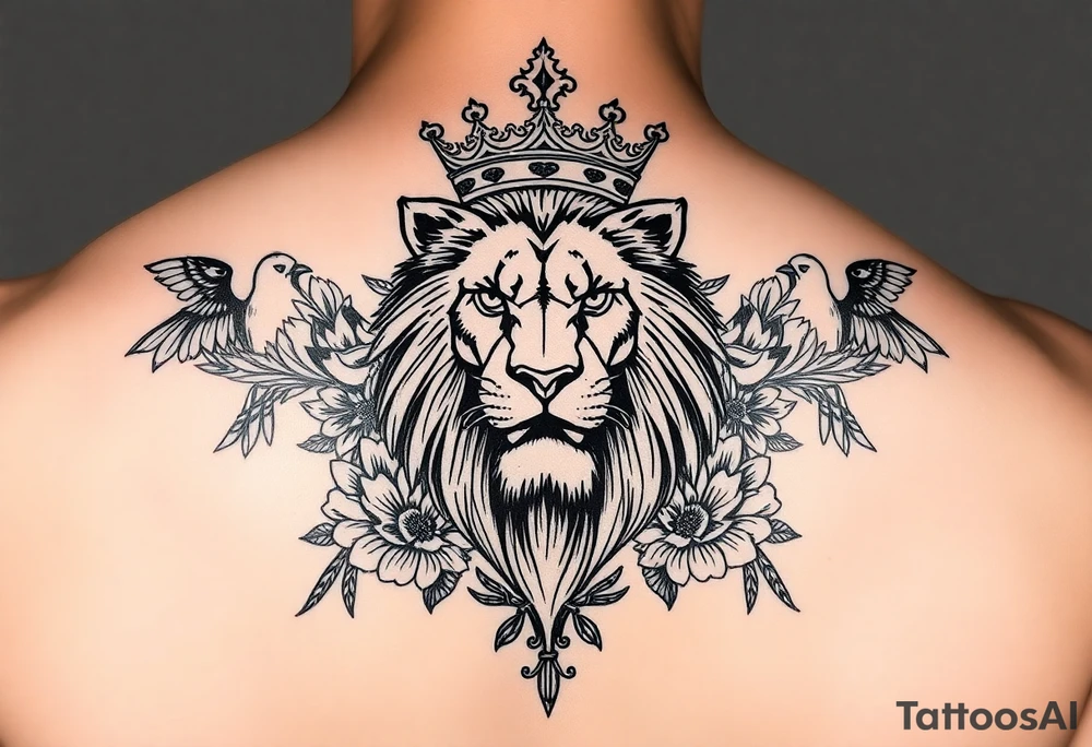 powerful majestic lion with a crown, surrounded by floral ornaments and birds tattoo idea