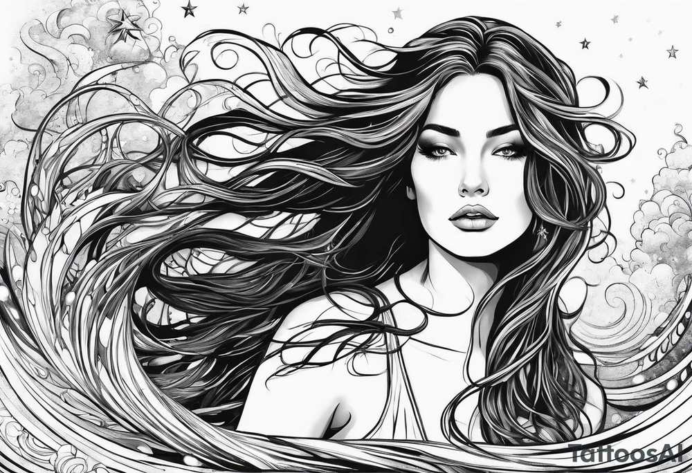 long-haired woman emerging from water, reaching up to a star tattoo idea