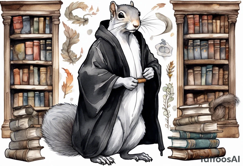 an elderly grey squirrel with a white beard and mustache wearing a black robe standing in an ancient library tattoo idea