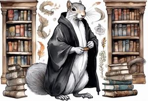 an elderly grey squirrel with a white beard and mustache wearing a black robe standing in an ancient library tattoo idea