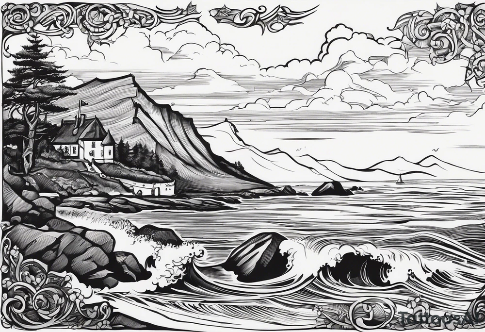 Design me a tattoo for an upper left arm half sleeve, with the script "Áit éigin taobh thall den farraige, áit éigin ag fanacht dom" and to be over a coast scene from the beach at warrenpoint in northern ireland. Make it in the style of Viking design incorporated into the design with a rune, but the text is a must tattoo idea