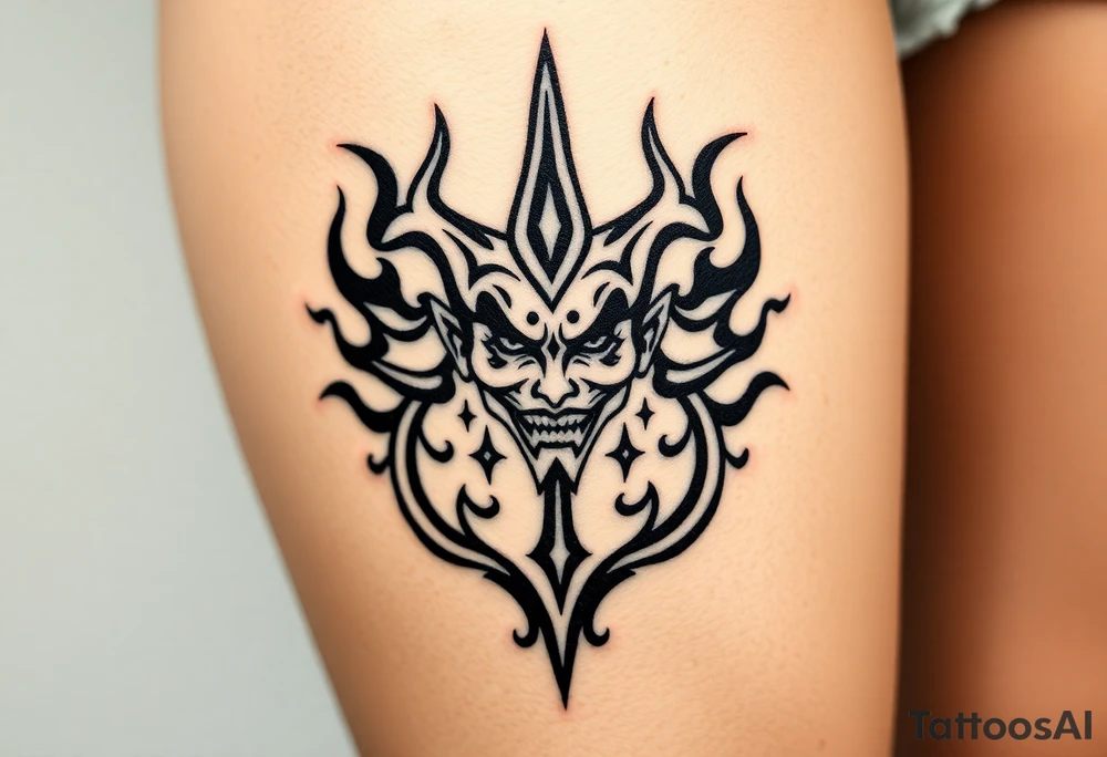 Powerful new age joker surrounded by flames tattoo idea