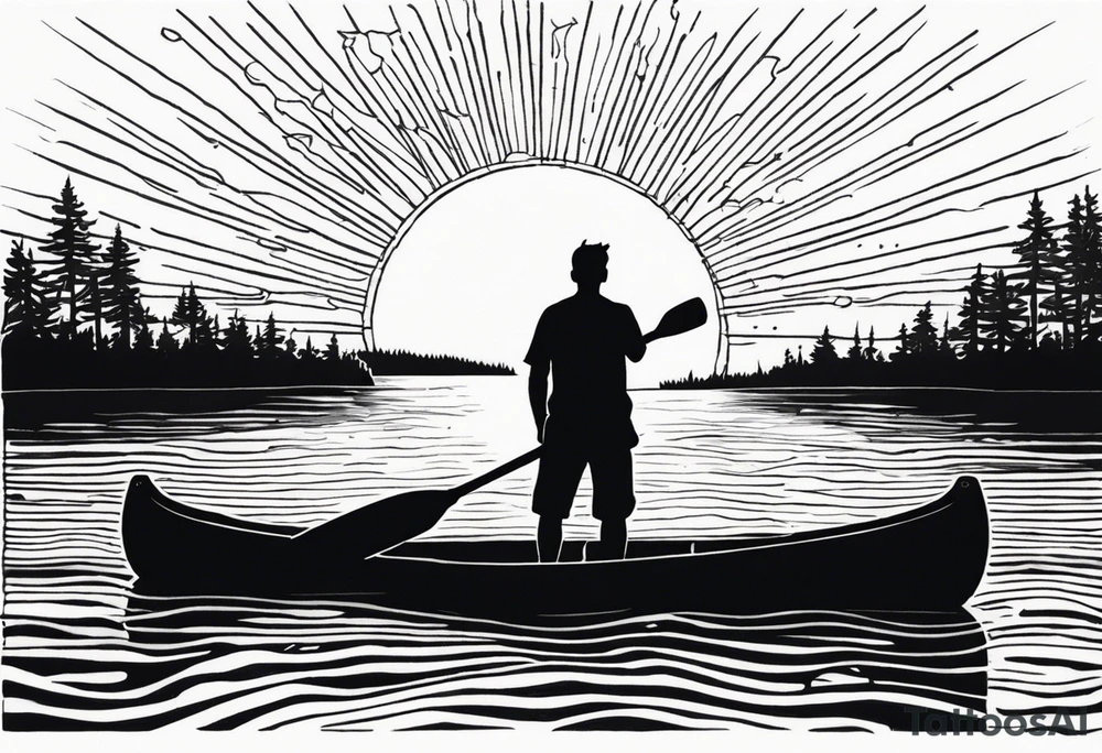 pictured from behind, average sized silhouette man with arms fully extended straight out to the side at chest level, standing on top of modestly sized canoe on the water with a sun above his head. tattoo idea