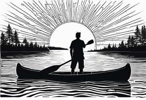 pictured from behind, average sized silhouette man with arms fully extended straight out to the side at chest level, standing on top of modestly sized canoe on the water with a sun above his head. tattoo idea