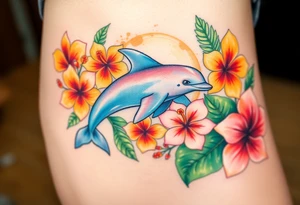 A dolphin surrounded by tropical hibiscus flowers and palm leaves, in sunset hues of orange, yellow, and coral pink tattoo idea