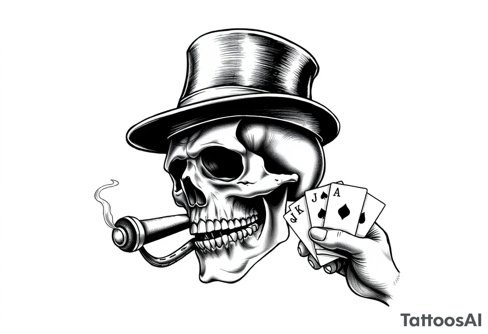 a skull with mustache, a big cigar in his mouth,top-hat on his head and playing cards in a hand. tattoo idea