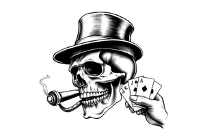 a skull with mustache, a big cigar in his mouth,top-hat on his head and playing cards in a hand. tattoo idea