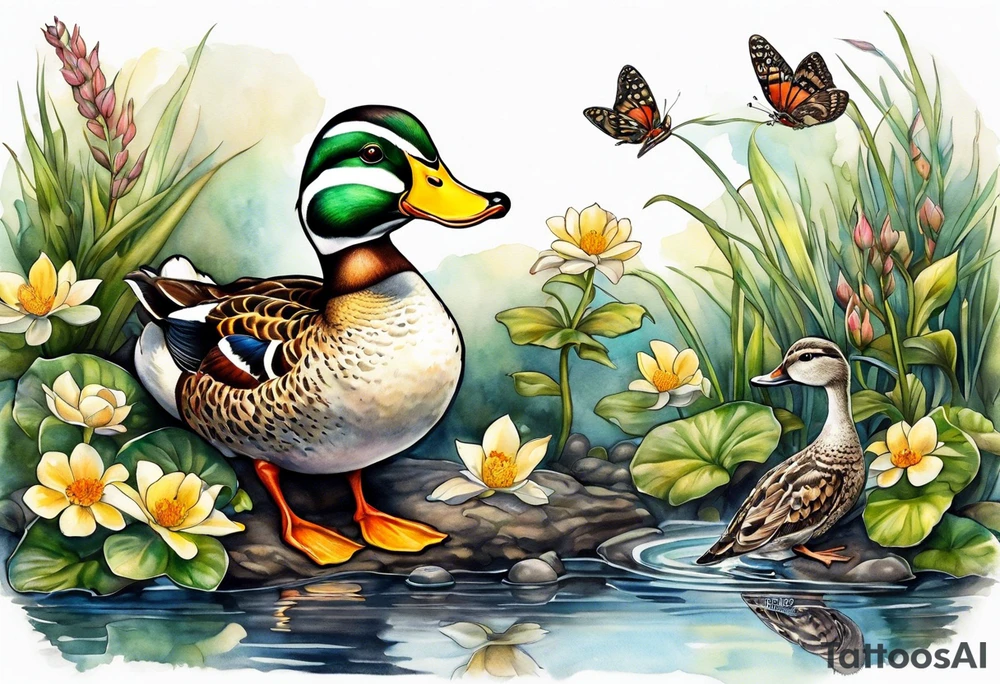 A Duck a toad and a moth at a pond tattoo idea