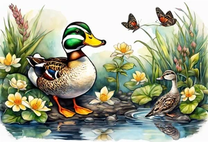 A Duck a toad and a moth at a pond tattoo idea