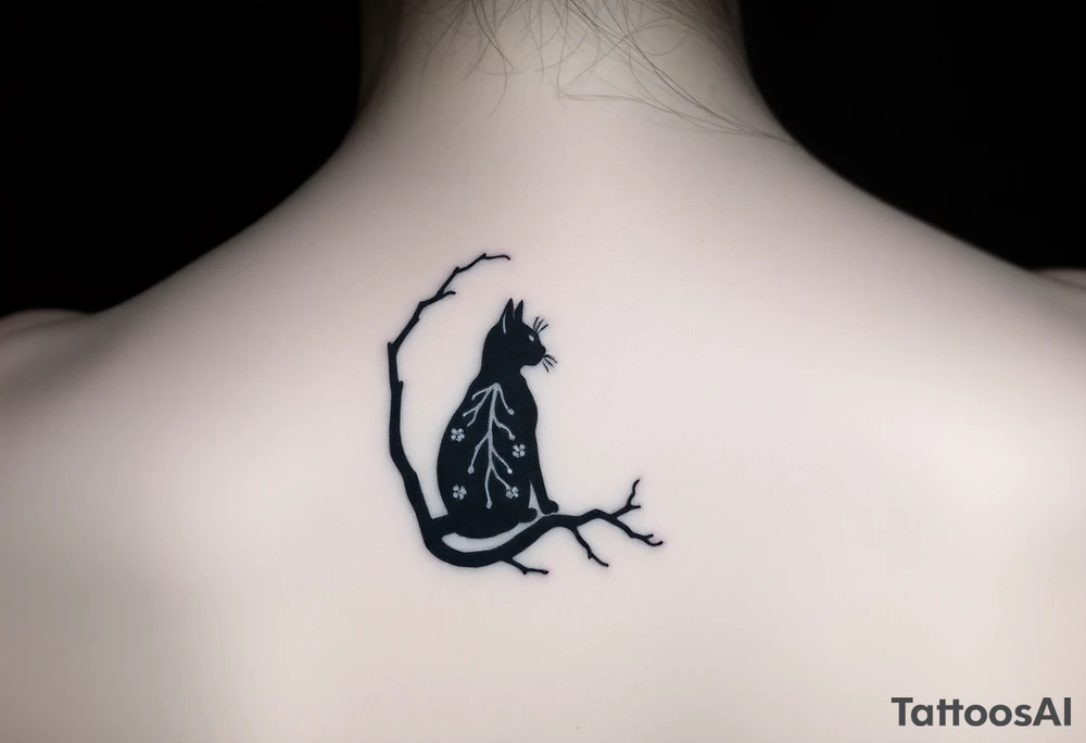 a cats sillhouette siting on a tree in the moon light tattoo idea