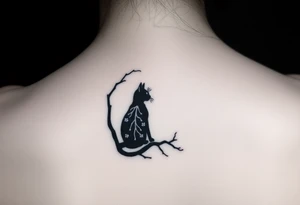 a cats sillhouette siting on a tree in the moon light tattoo idea