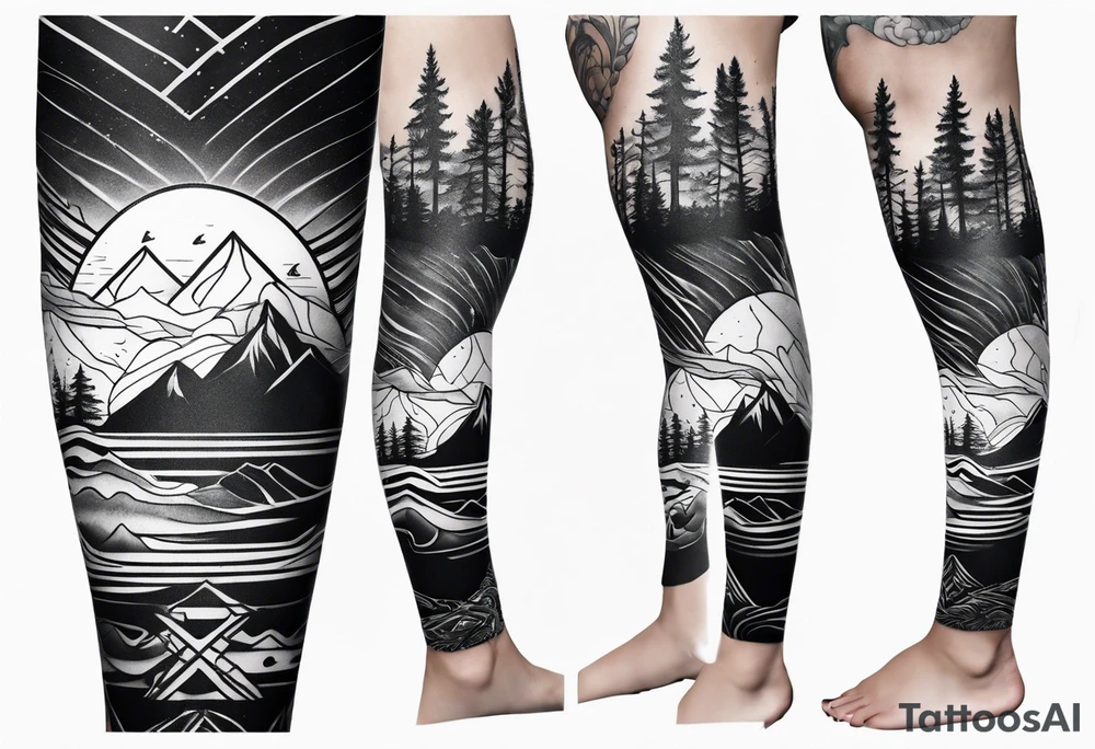 Mountain ocean forest leg sleeve tattoo idea