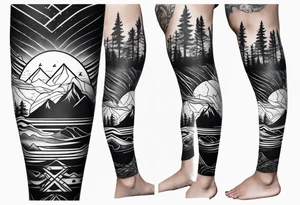 Mountain ocean forest leg sleeve tattoo idea