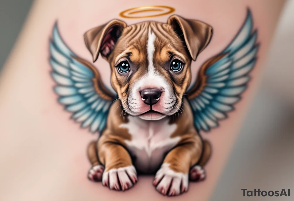 Pitbull pup with angel wings, brown and white puppy, soft shading with pastel blue wings and a golden halo. tattoo idea