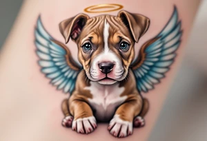 Pitbull pup with angel wings, brown and white puppy, soft shading with pastel blue wings and a golden halo. tattoo idea