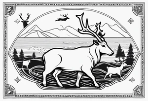 A badger, a goat and a reindeer on Noah's ark with the outlines of Map of Mallorca behind tattoo idea