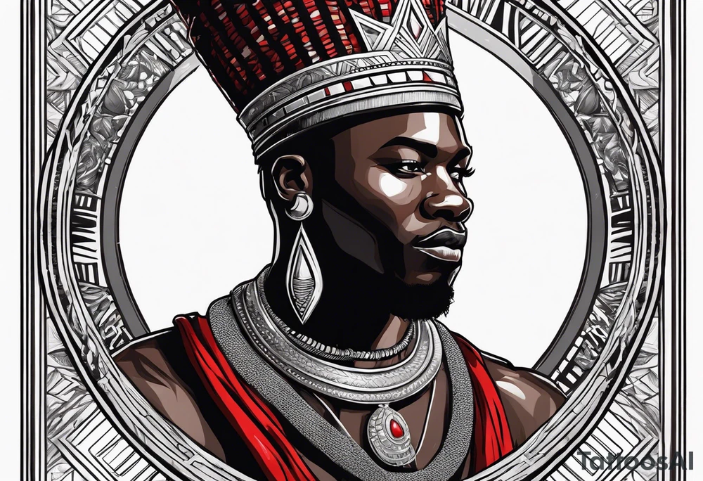 african warrior with a small silver crown and a red necklace tattoo idea