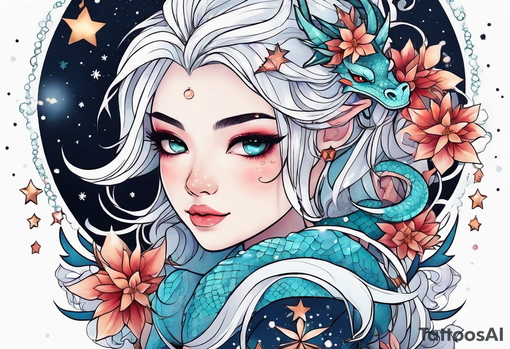 Constellation, kawaii dragon girl , snowflake tattoo idea