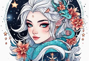 Constellation, kawaii dragon girl , snowflake tattoo idea