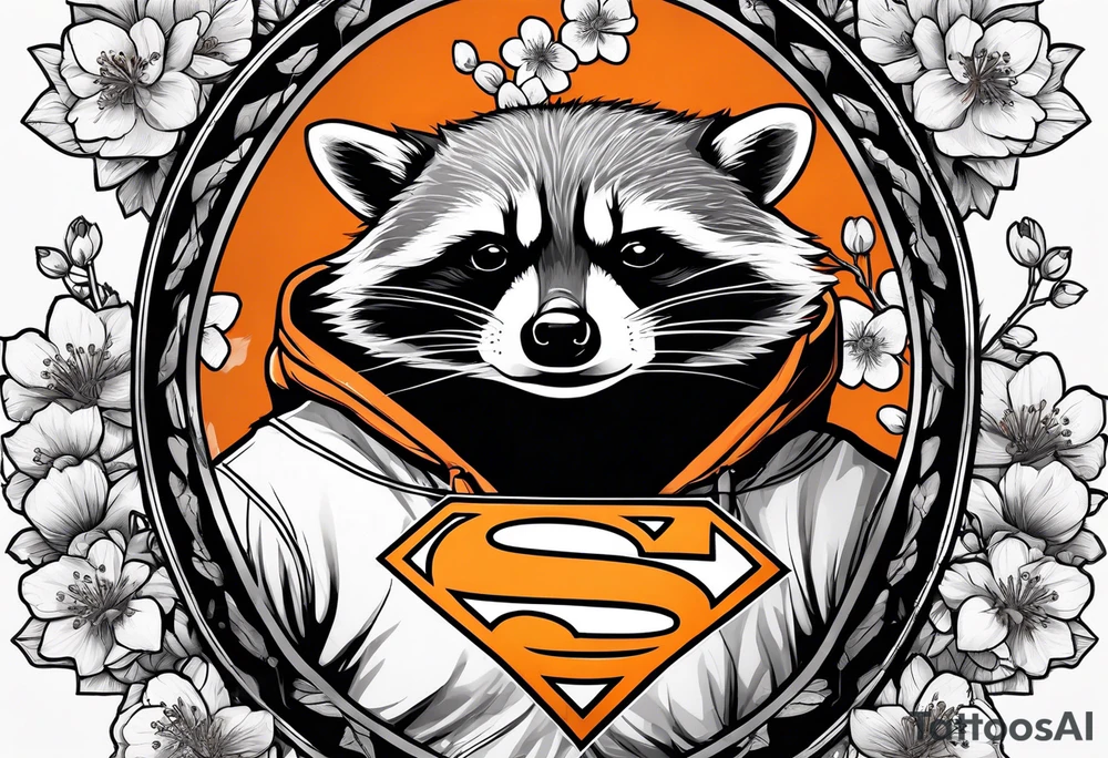 raccoon wearing a black and white Superman hoodie and orange Japanese cherry blossoms tattoo idea