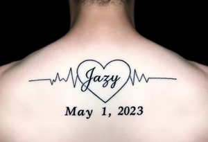faded heart beat outline for a deceased best friend with the name Jazy and the date May 4, 2023 incorporated tattoo idea