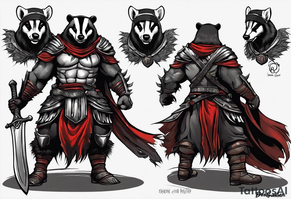 Draw me badger/Gladiator with aggressive full body, killer face with a smile, very long nails and he attacks like a Bloody Gladiator to enemy and also, he has very deadly looking. The only weapon is his braveness he fights with his nails. Everybody scares after their first sight. And horror type Badger this is with a full body. tattoo idea