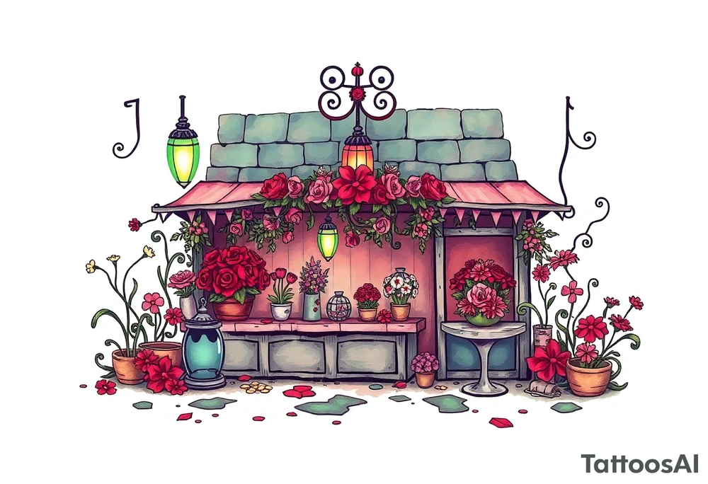 Tim Burton’s flower shop is abandoned and dripping with muted reds, dusty pinks, and eerie green glow. tattoo idea tattoo idea