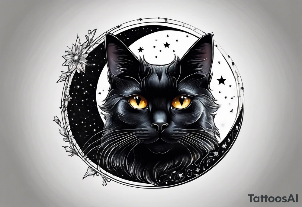 Photo realistic black cat head with moon and stars tattoo idea
