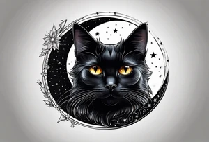Photo realistic black cat head with moon and stars tattoo idea
