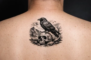 a raven sitting on a skull, landscape. tattoo idea