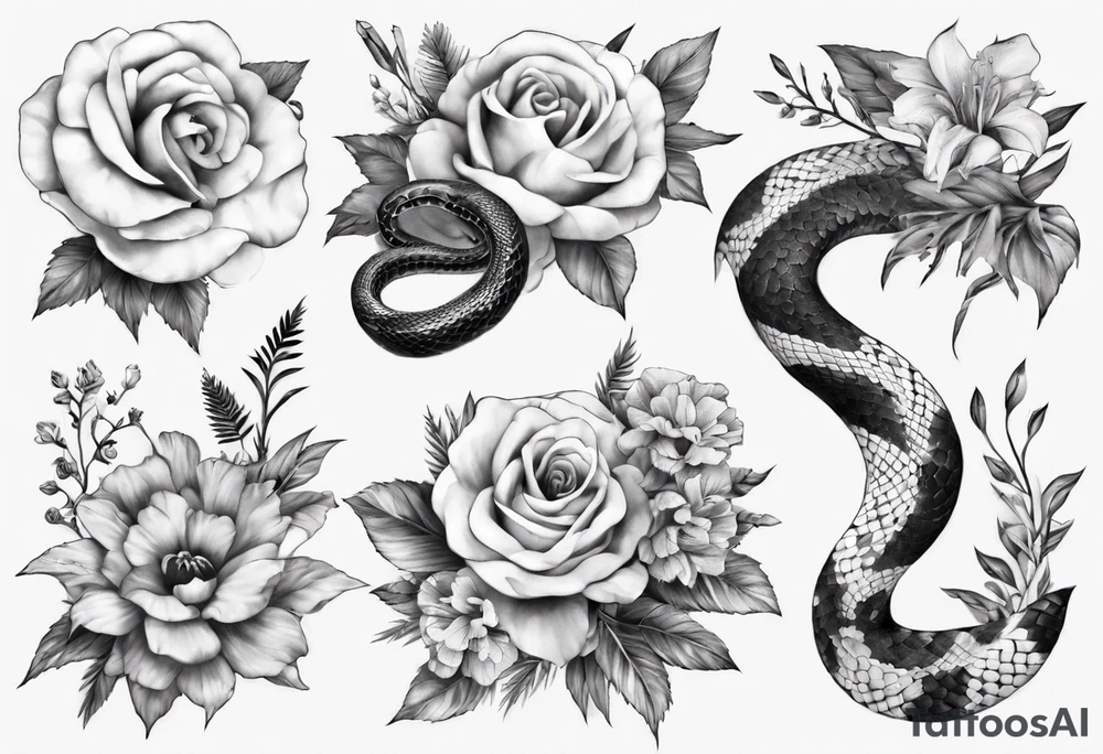 Snake wrapping around flowers tattoo idea