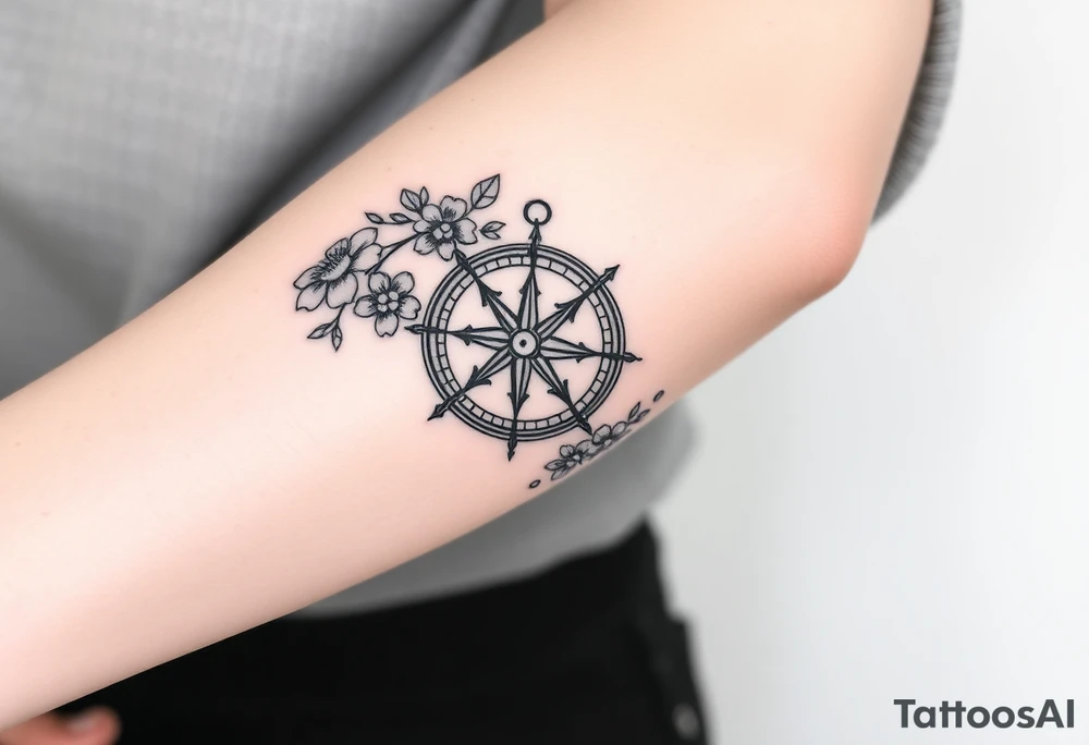 Compass surrounded with flowers cursive letters tattoo idea