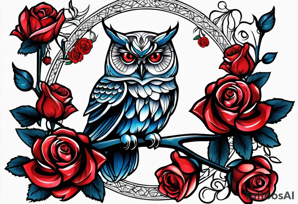Color Owl with red roses tattoo idea