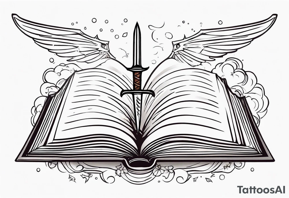 an empty open book with a sword through it, dragonwings and sparks surrounding the book. small design tattoo idea