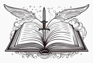 an empty open book with a sword through it, dragonwings and sparks surrounding the book. small design tattoo idea