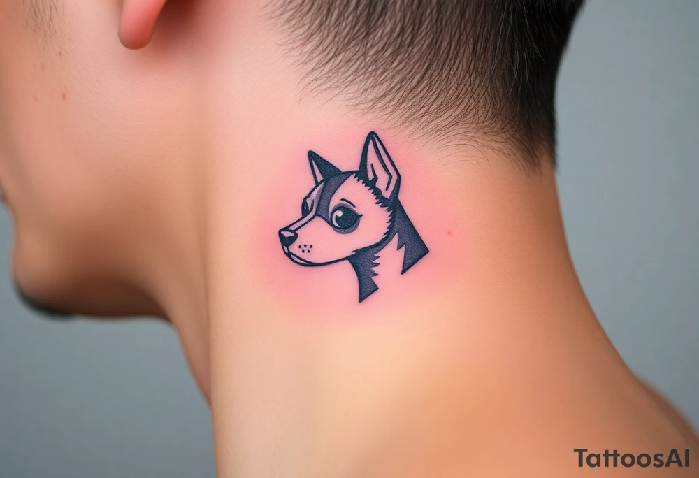 One line tattoo of dog with white strip going up dog’s snout slightly off centered. With young slightly out tattoo idea