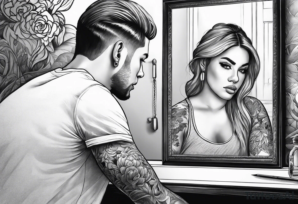 Transgender man looking in mirror to a girl tattoo idea