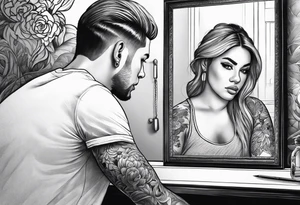 Transgender man looking in mirror to a girl tattoo idea