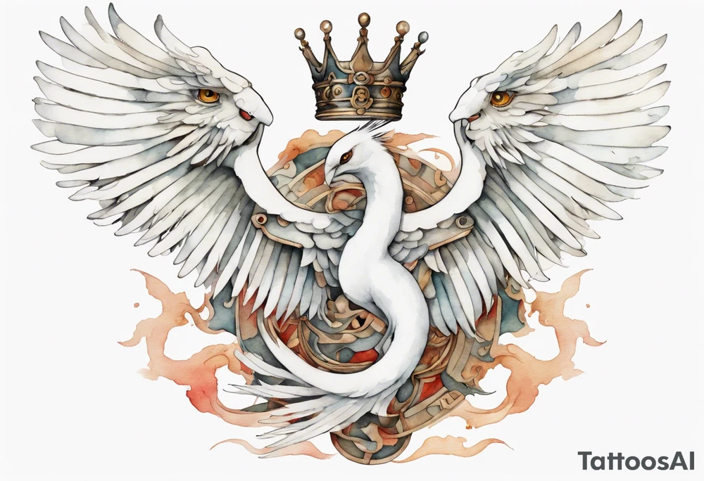 a watercolor of a white bird-serpent hybrid wearing an iron crown, flying tattoo idea