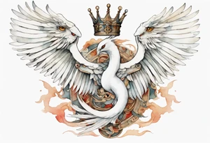 a watercolor of a white bird-serpent hybrid wearing an iron crown, flying tattoo idea