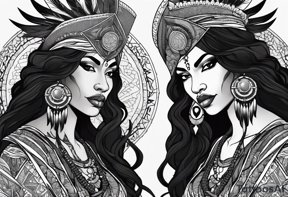 valkrye, kali, pirate, african goddess, , warrior, native american, lotus, zenza resonance, skulls, pachamama, left side face, chest, right wing, tattoo idea