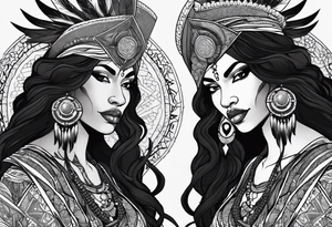 valkrye, kali, pirate, african goddess, , warrior, native american, lotus, zenza resonance, skulls, pachamama, left side face, chest, right wing, tattoo idea