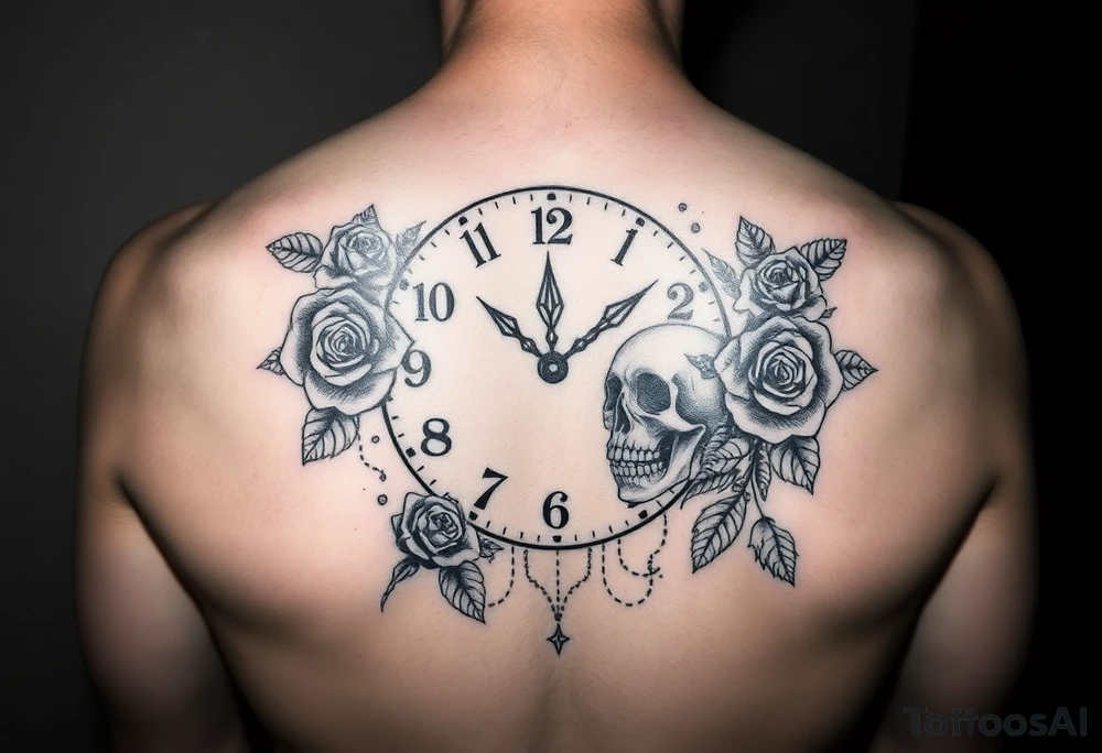 Broken Clock face 11:43 as set time. With roses and skull looking to the clock feminine tattoo idea