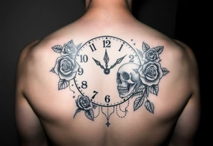 Broken Clock face 11:43 as set time. With roses and skull looking to the clock feminine tattoo idea