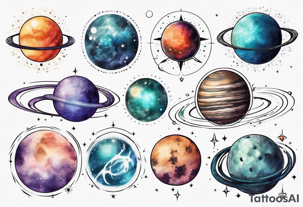 Planets in the style of chakra alignment tattoo idea