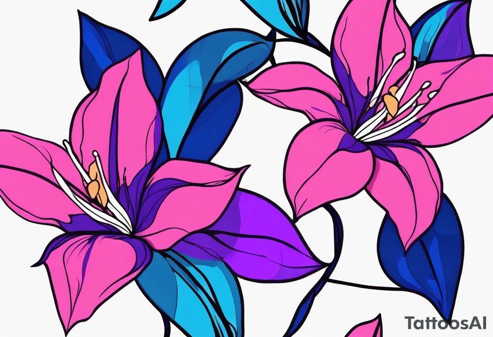 brushstroke abstract pink, purple, and blue mandevilla flowers on a vine, with color leaking out into the background. SOme of the flowers should be full color, and some just linework. It should have a handdrawn, sketch feel. tattoo idea