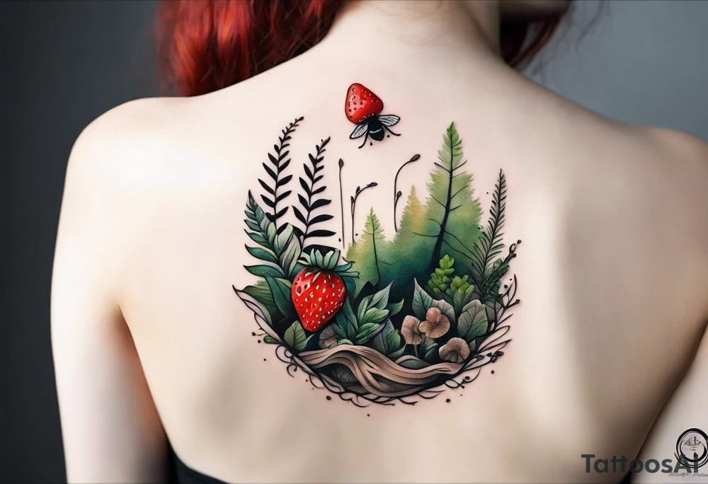 forest floor inspired minimalist tattoo, which includes grass, curly ferns, moss and dead leaves as the bulk of the tattoo. details to include: three very tiny strawberries, a tiny bumblebee flying nearby, three small brown mushrooms
Generate a vertically long one tattoo idea