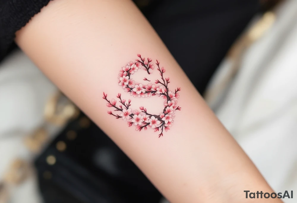 A cherry blossom-covered "S" with pale pink flowers and brown branches. tattoo idea