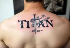 Name ‘Titan’ with birthday, Greek mythology inspired font with mini swords the T in Titan is a sword with cherry blossoms flowers in the background add color tattoo idea